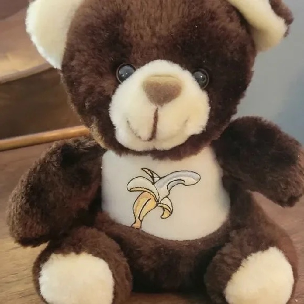 Brown and Cream Teddy Bear with Banana Embroidery